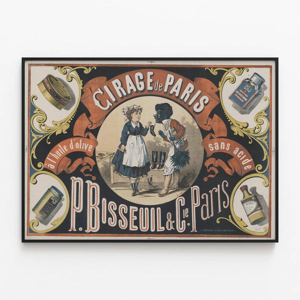 Vintage poster of Paris shoe polish with olive oil P. Bisseuil & Cie — framed artwork on a wall