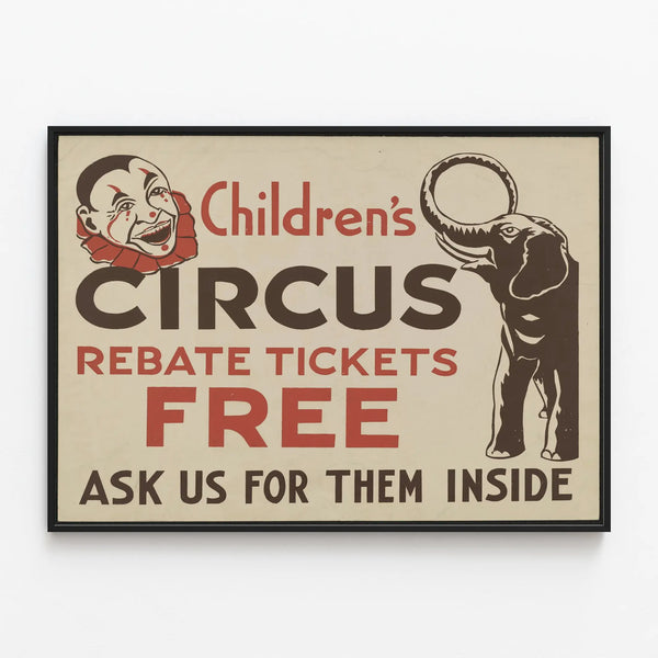 Vintage Circus Poster for Children with Clown and Elephant — framed artwork on a wall