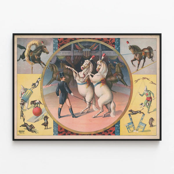 Vintage Circus Poster with Horses and Tamer — framed artwork on a wall