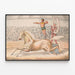 Vintage poster of a circus artist jumping through a ring of fire — framed artwork on a wall
