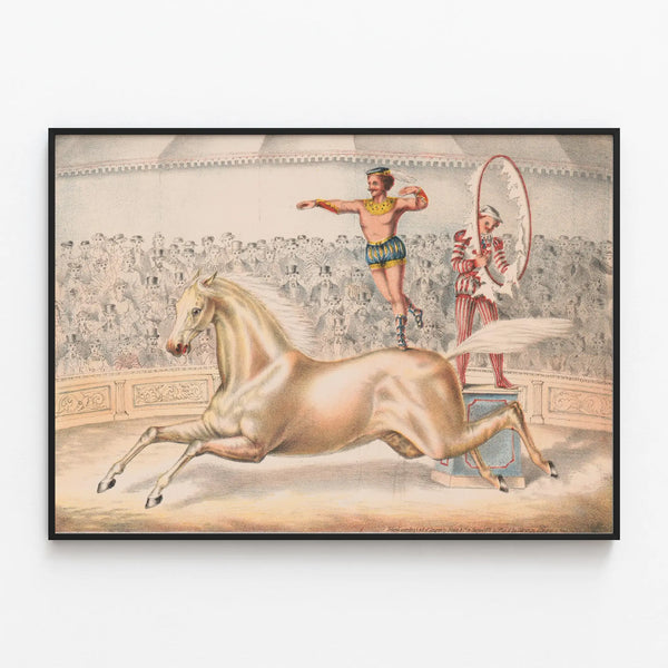 Vintage poster of a circus artist jumping through a ring of fire — framed artwork on a wall
