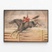 Vintage poster of a horse-riding circus artist galloping — framed artwork on a wall