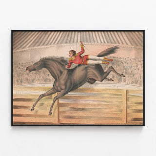 Vintage poster of a horse-riding circus artist galloping — framed artwork on a wall