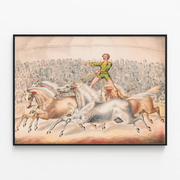 Vintage poster of a horse-riding circus artist — framed artwork on a wall