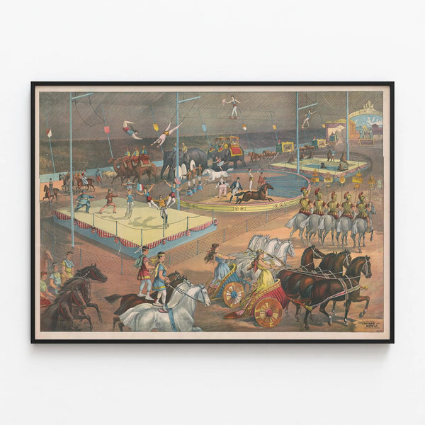 Vintage Circus Poster with Acrobats and Animals — framed artwork on a wall