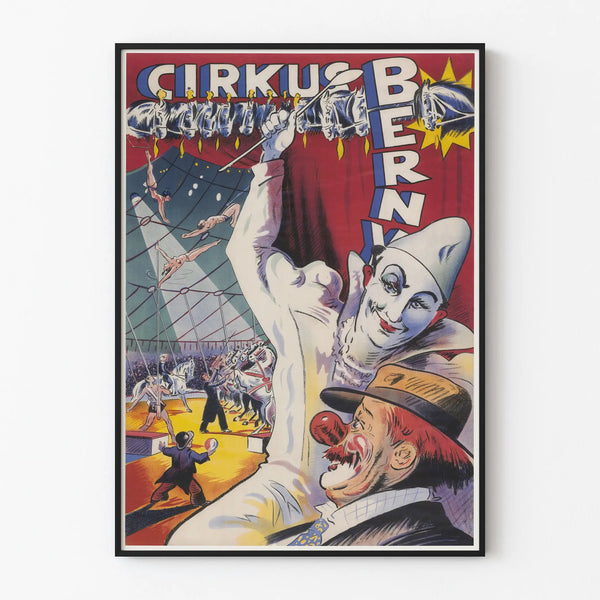 Vintage poster of Cirque Berny in a riding ring with clown and artists