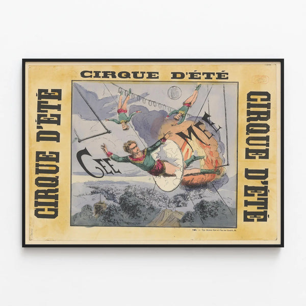 Vintage Poster of Summer Circus Acrobats on the Trapeze — framed artwork on a wall