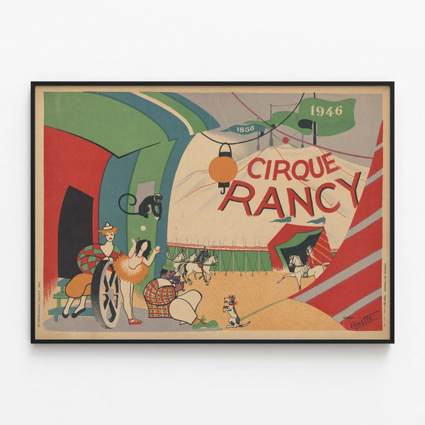 Vintage wall decoration poster of the Rancy Circus 1856-1946 — framed artwork on a wall