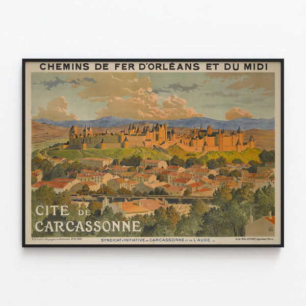 Vintage poster of Carcassonne city for wall decoration — framed artwork on a wall