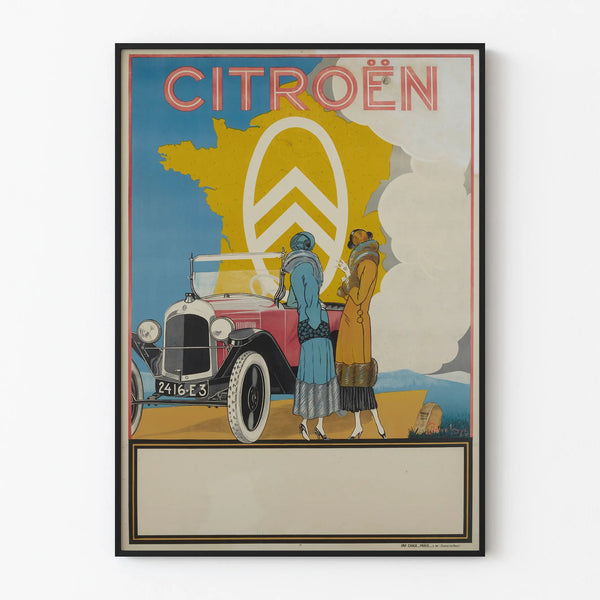 Vintage Citroën poster with classic car and elegant passersby
