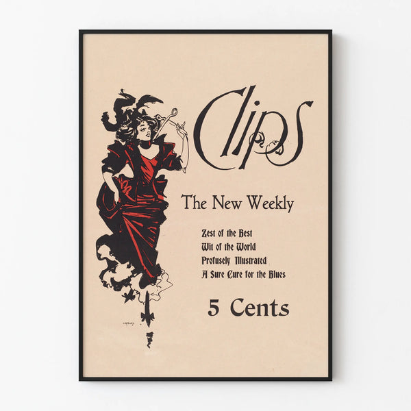 Vintage poster 'Clips The New Weekly' elegant woman drawing in red