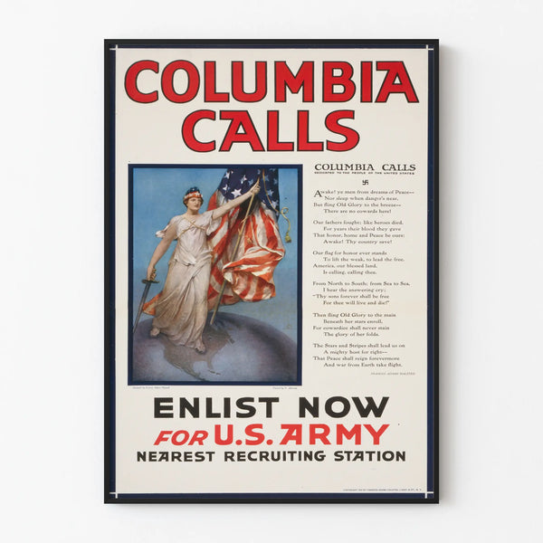 Vintage patriotic wall decoration poster for U.S. Army Columbia Calls recruitment