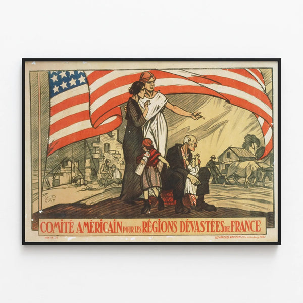 Vintage Poster of the American Committee for the Devastated Regions of France — framed artwork on a wall