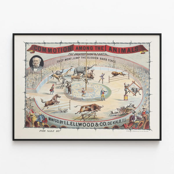 Vintage poster of the circus and barbed wire fencing Glidden — framed artwork on a wall