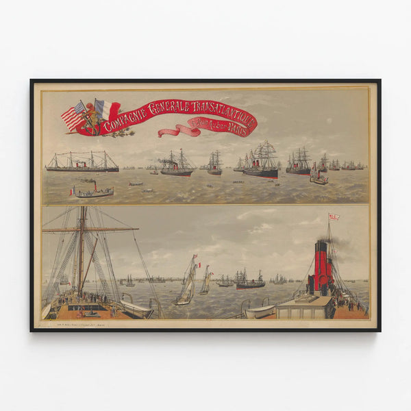 Poster of the General Transatlantic Company - Fleet of Ships in Paris — framed artwork on a wall