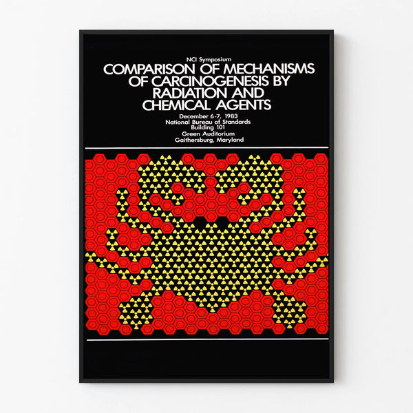 Vintage scientific poster on the mechanisms of carcinogenesis by radiation and chemical agents