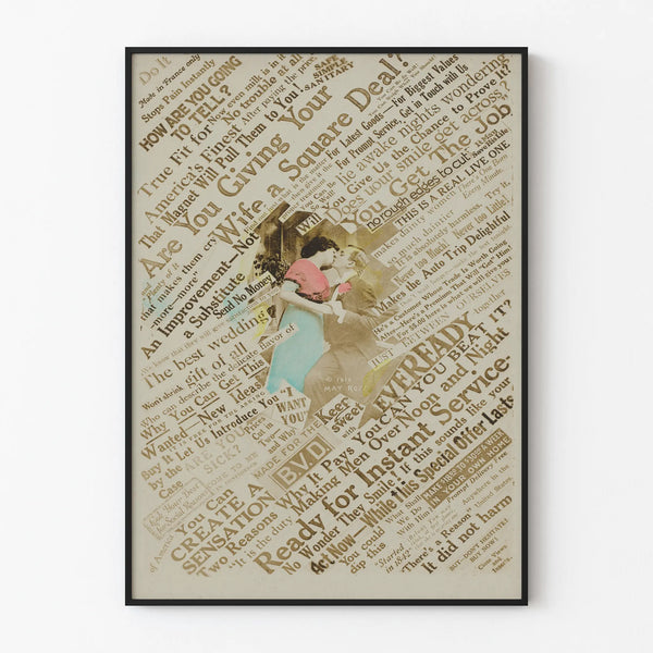 Vintage poster featuring a couple kissing and advertising text