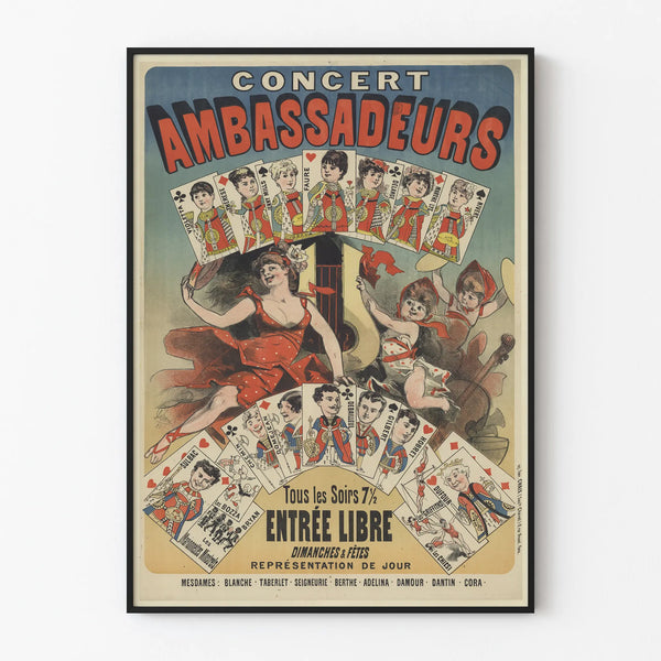 Vintage poster for concert at the Ambassadeurs with playing card illustrations