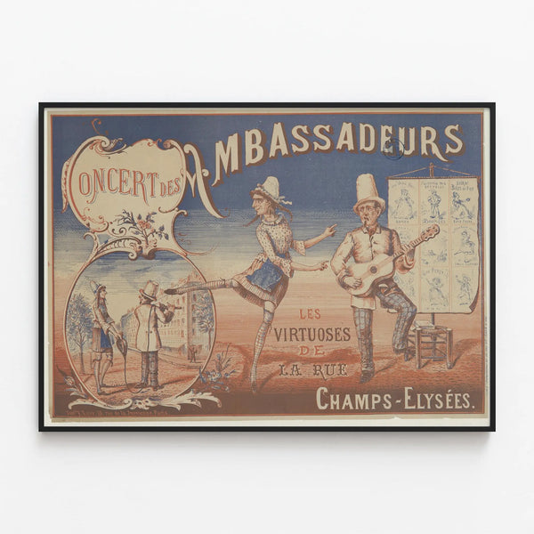 Vintage Poster of the Ambassadors' Concert: The Virtuosos of the Champs-Élysées Street — framed artwork on a wall