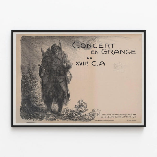 Vintage poster of a 17th-century barn concert C.A. 1914 — framed artwork on a wall