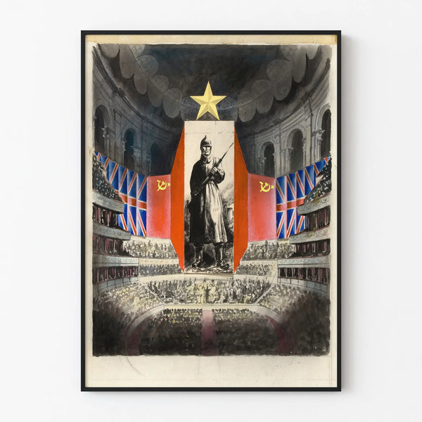 Vintage concert hall poster with orchestra and Soviet military poster