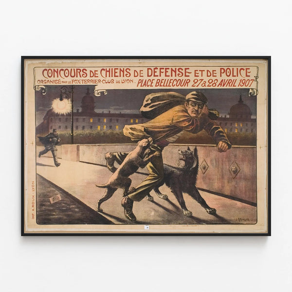 Vintage Poster for the 1907 Defense and Police Dogs Competition — framed artwork on a wall