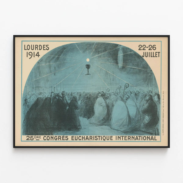 Vintage poster for the 25th International Eucharistic Congress Lourdes 1914 — framed artwork on a wall