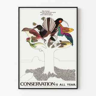 Annual conservation poster with stylized birds and tree