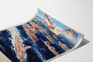 Vintage poster of a maritime convoy passing Gibraltar with an airplane