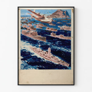 Vintage poster of a maritime convoy passing Gibraltar with an airplane