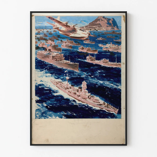 Vintage poster of a maritime convoy passing Gibraltar with an airplane