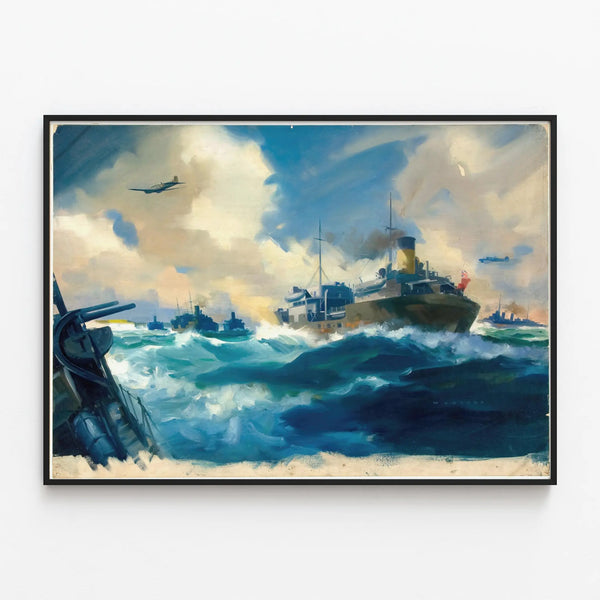 Marine poster of a naval convoy scene with flying airplanes — framed artwork on a wall