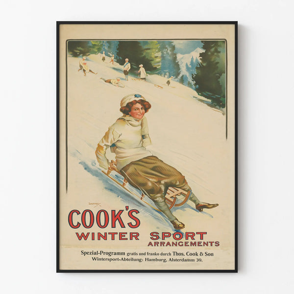 Vintage winter sports poster with sledding wall decoration