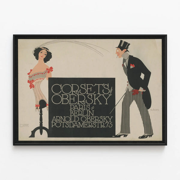 Vintage advertising poster Corsets Obersky — framed artwork on a wall