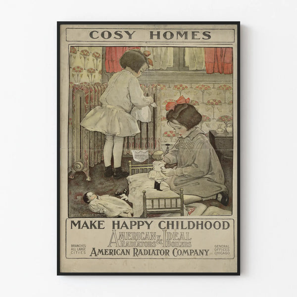 Vintage decorative wall poster Cosy Homes – Children playing warmly