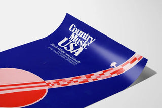 Country Music USA Poster with Red and White Banjo on Blue Background