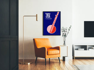 Country Music USA Poster with Red and White Banjo on Blue Background