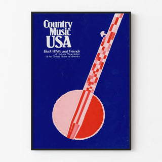 Country Music USA Poster with Red and White Banjo on Blue Background