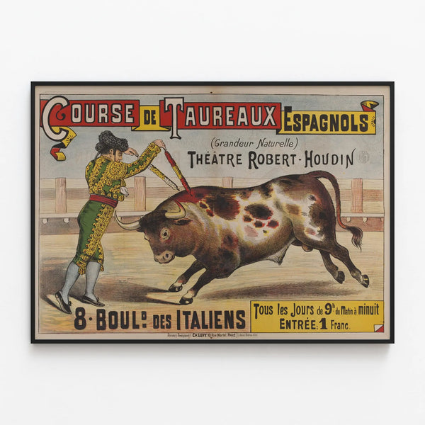 Vintage Poster of Spanish Bullfighting at Théâtre Robert-Houdin — framed artwork on a wall