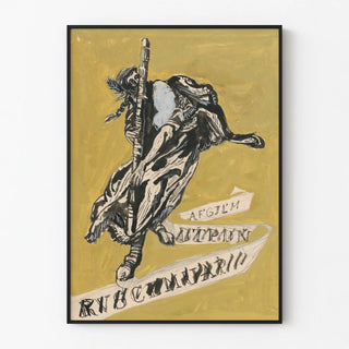 Illustrated Poster in Ink on Yellow Background for Wall Decoration