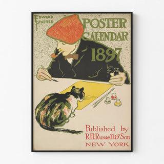 Vintage calendar poster 1897 with artist and cat