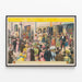 Vintage poster of a fairground performance scene and traditional costumes — framed artwork on a wall