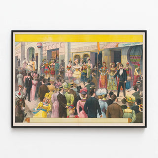 Vintage poster of a fairground performance scene and traditional costumes — framed artwork on a wall