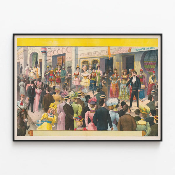 Vintage poster of a fairground performance scene and traditional costumes — framed artwork on a wall