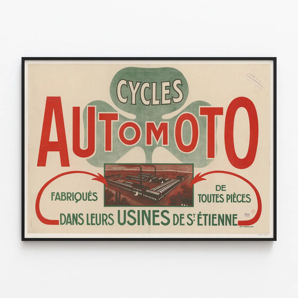 Vintage advertising poster Cycles Automoto Saint-Étienne factories — framed artwork on a wall