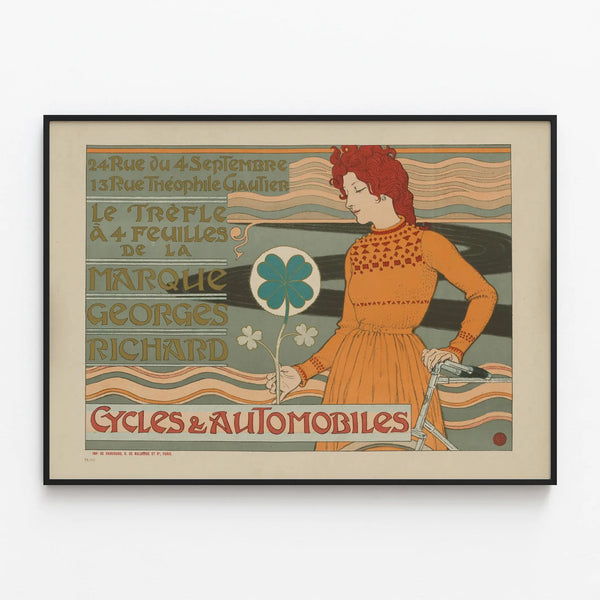 Vintage poster of Cycles and Automobiles Georges Richard — framed artwork on a wall