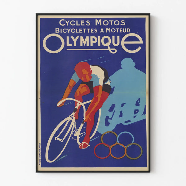 Vintage poster of motorcycles, bicycles, and motorized bicycles Olympique