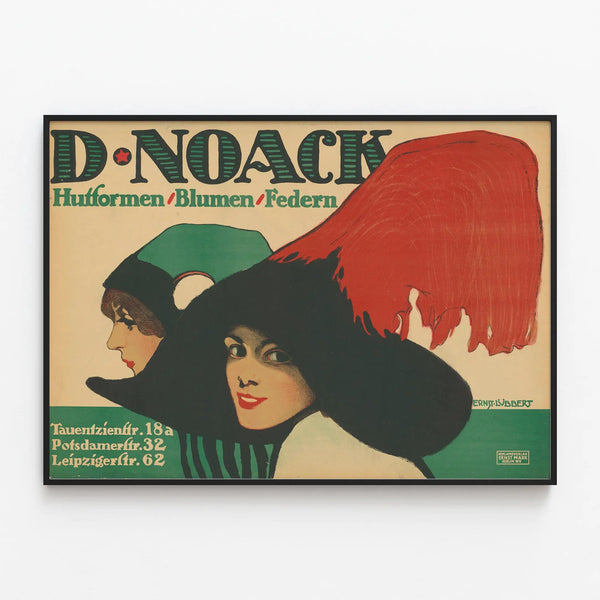 Vintage poster of hats and feathers wall decoration — framed artwork on a wall