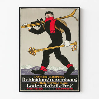 Vintage poster of ski attire and equipment Loden-Fabrik Frey