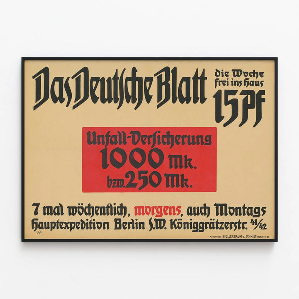 Vintage Poster Das Deutsche Blatt - German Advertisement in Black and Red — framed artwork on a wall